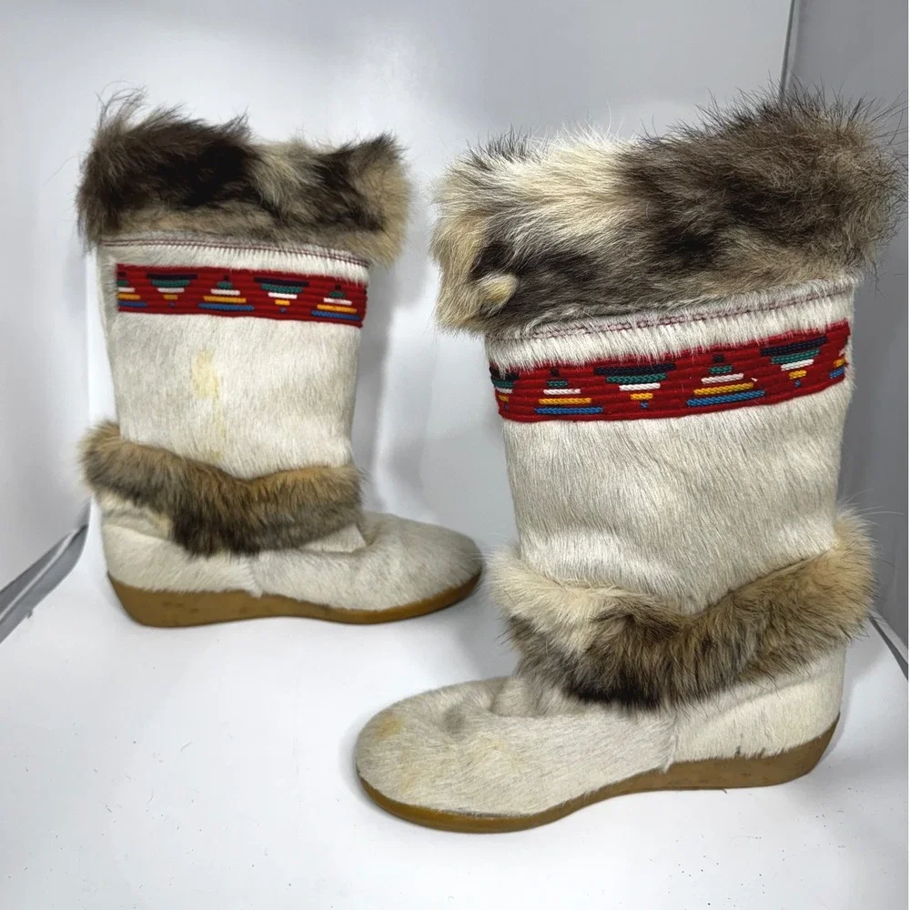 Tecnica Vintage Goat Hair Fur Moon Boots Made in Italy Cream IT 38 US 7-7.5‎